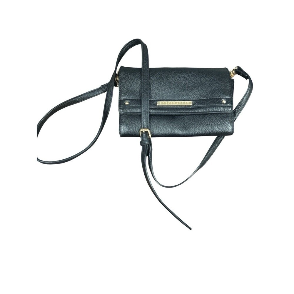 Steve Madden Black Pebbled Crossbody Wallet Clutch Gold Logo Strap minimalist